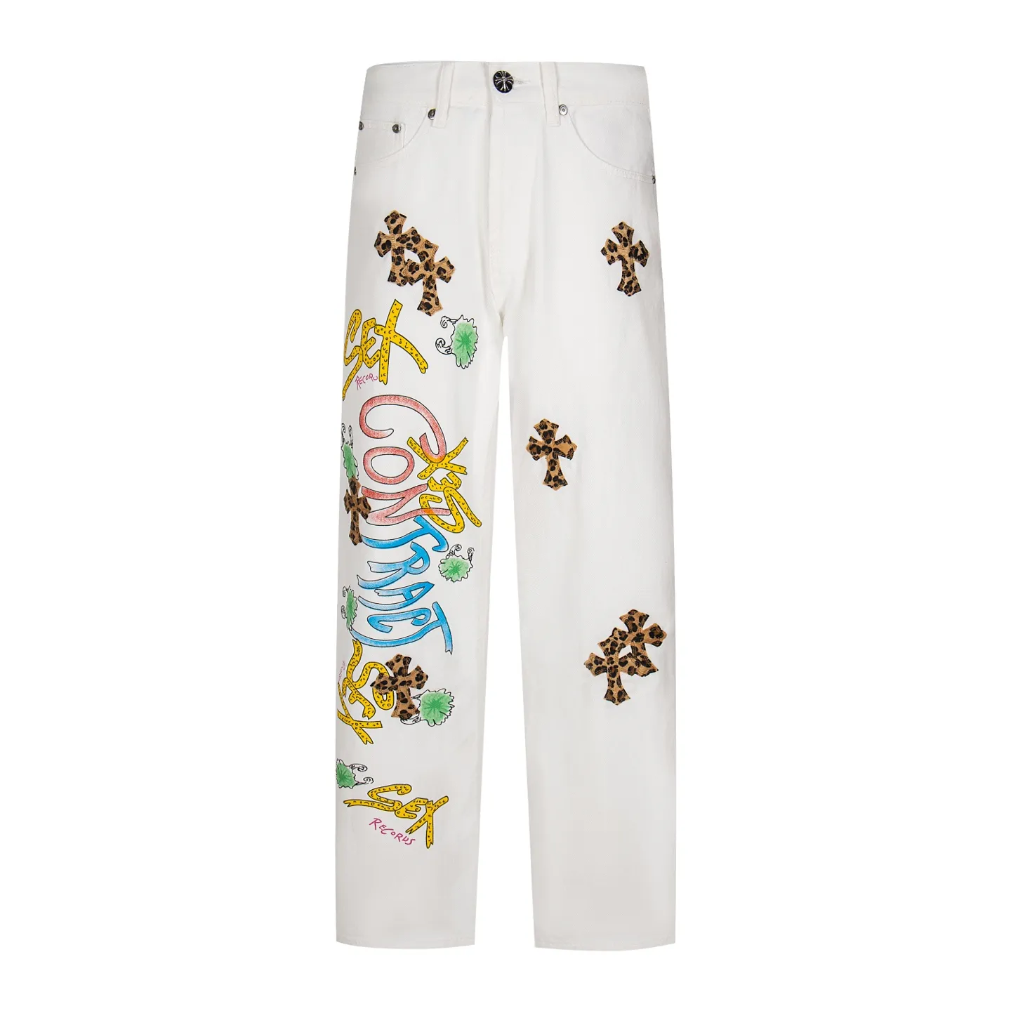P240 Chrome Hearts & Chrome Hearts high street jeans with leopard print and vintage graffiti paintings on a white background. Chrome Hearts are the most popular pants in color. Made of beaded canvas fabric, heavy washing makes the upper body of the fabric more textured and the pants are tall and straight! The three-dimensional cutting of the whole trousers is a masterpiece! The hardware is customized by zp. The beaded canvas fabric is thick and soft after being washed. It has good breathability. Customized small leather label. Unique design. The details are simple and elegant, and the workmanship is exquisite. The whole trousers are neatly routed and the details are in place! Trendy people have been disappointed. From the quality selection of fabrics, the tailoring of details, and the matching of patterns, everything is impeccable! The upper body is so handsome when worn...it can be easily worn by men, women and children! The craftsmanship is made of heavy-duty washed pure cotton denim fabric. After washing, it is soft and thick. It is very stylish when worn on the body. Style number: 1782# Color: white Size: 28 30 32 34 (S-XL)